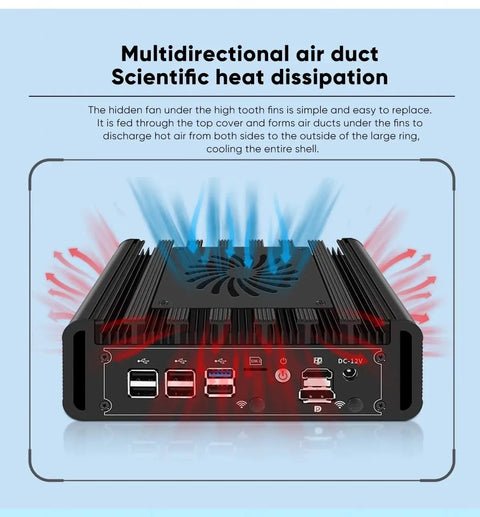 Intel N300 Mini Pc Firewall Server Featuring Dual 10GbE Sfp Plus And Triple 2.5GbE Lan Ports showing rear with airflow ducts.