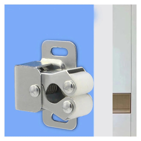 Close-up of 15 Piece Cabinet Latch Kit Featuring Double Roller Spring Ball Catch for wardrobe doors with smooth action.