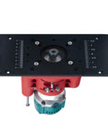 Heavy Duty Router Lift Table System Featuring Smooth Crank Adjustment And Rock Solid Aluminum Build That Locks Down Tight and Delivers Sweet Results Every Single Time For The Everyday Craftsman, top view with motor and ruler.