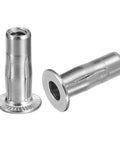 Dead Strong 1/4-20 Multi Grip Rivet Nuts With Pre Bulbed Shank For Lock Tight Threads In 304 Stainless Steel close-up view of two rivet nuts.