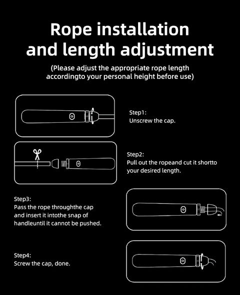 Diagram showing rope installation and adjustment for Light Up Jump Rope With Colorful LED Glow, Adjustable Skipping Rope For Kids And Grownups, Totally Lit Night Glow For Workouts, Cardio And Fitness, Durable Quick Cable, Pink.