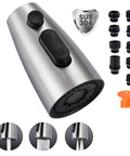Built Tough Stainless Steel Kitchen Faucet Head Replacement With Three Smooth Spray Modes and Nine Easy Click Adapters, showing brushed nickel nozzle and adapters.