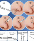 Guide showing usage of Piercing Taper Kit With Grabber Reachers And Threadless Insertion Tapers For 16G 18G 20G Jewelry in nose piercing.