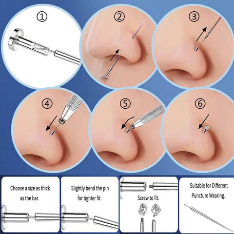 Guide showing usage of Piercing Taper Kit With Grabber Reachers And Threadless Insertion Tapers For 16G 18G 20G Jewelry in nose piercing.