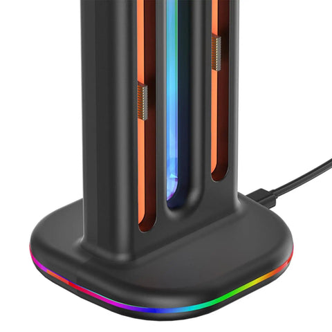 Controller Fast Charging Station With Touch Glow Lights For Nintendo Switch 2 Featuring 9 Color Breathing Modes Instant Status Tracking Quick Plug Play Gaming Rgb Vibe Dock close-up of illuminated charging dock with colorful base.