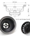 Three And A Half Inch Kitchen Sink Drain Assembly With Strainer Basket And Stopper, Oil Rubbed Bronze, side and top view with diagram