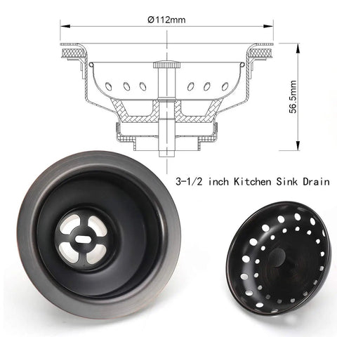 Three And A Half Inch Kitchen Sink Drain Assembly With Strainer Basket And Stopper, Oil Rubbed Bronze, side and top view with diagram