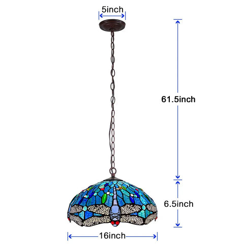 Antique Blue Dragonfly Tiffany Style 2-Light Stained Glass Pendant Light 16 Inch Wide Hanging Lamp With Adjustable 60 Inch Chain For Dining Room Kitchen Island Farmhouse Decor with dimensions shown