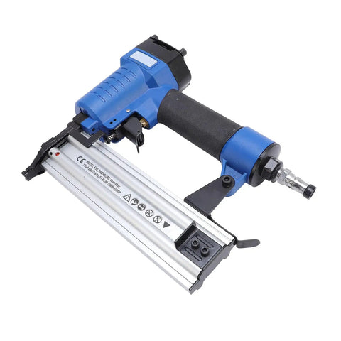 Heavy Duty Pneumatic Brad Nailer 18 Gauge Air Powered For 3/8 To 2 Inch Nails Solid Aluminum Frame, close-up view with quick connect.
