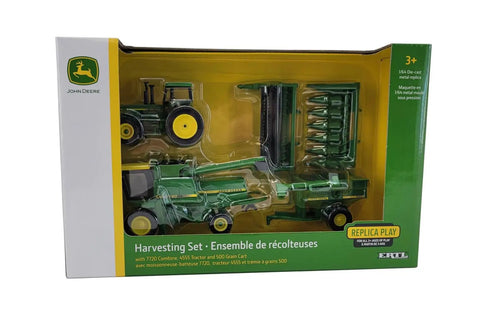 One Sixty Fourth Scale Harvesting Set With 4555 Tractor 7720 Combine With Two Heads And 500 Grain Cart in packaging