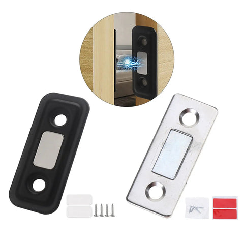Invisible Door Catch With Screws And Adhesive For No Fuss Seamless Close On Sliding Doors Cabinets Cupboards Drawers Metal Side Mount Magnet Latch Easy Install Great For Wardrobe Doors, showing components and installation diagram.