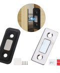 Ultra Thin Magnetic Cabinet Catches With Invisible Door Stops Side Mount Drawer Latch shown close-up with screws and adhesive