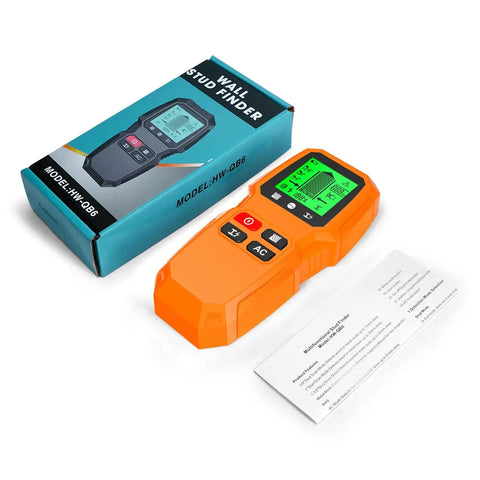 Wall Stud Finder Scanner LCD Display Electric Portable in orange with box showing model and features.