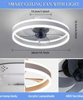 Modern Enclosed Ceiling Fan With Light White Finish 19.7 Inch Flush Mount Low Profile Fan Dimmable 3 Color LED 6 Speeds Safe Enclosed Blades Perfect For Kids Rooms Kitchen Bathroom Bedroom showing dimensions and materials.