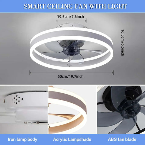 Modern Enclosed Ceiling Fan With Light White Finish 19.7 Inch Flush Mount Low Profile Fan Dimmable 3 Color LED 6 Speeds Safe Enclosed Blades Perfect For Kids Rooms Kitchen Bathroom Bedroom showing dimensions and materials.