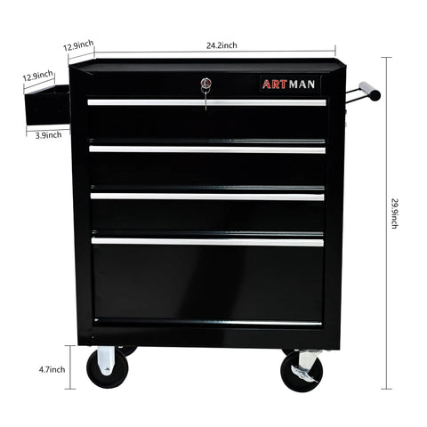 Front view of Four Drawer Tool Cart With Wheels Lockable Removable Cabinet Storage Organizer For Mechanics Garage And Workshop Durable Steel Trolley With Ball Bearing Drawers For Smooth Opening