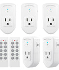 Wireless Remote Control Outlet Kit For Lights, Fans And Small Appliances With 100 Foot Range, 1200W 10A, Learning Code, 5 Receivers And 2 Transmitters, ETL And FCC Certified, Easy Plug In Home Automation displayed with 5 plug-in receivers and 2 remote transmitters.