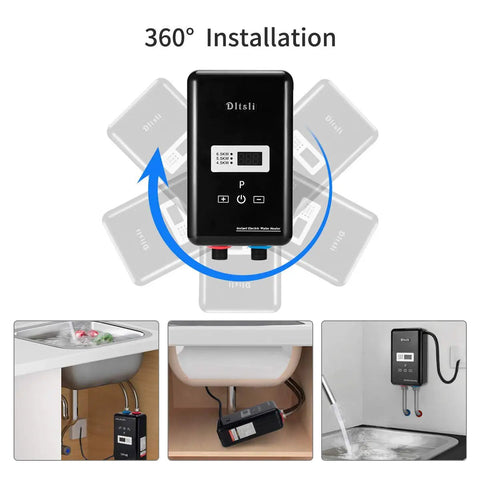 Compact 6.5KW Tankless Electric Water Heater With Remote Control And Digital Display showing 360 degree installation.