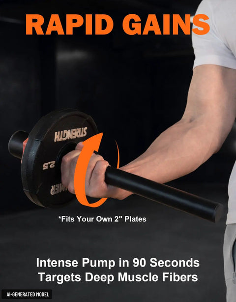 Close-up of a forearm exercising with Two In Forearm Trainer For Strength Grip And Wrist Mobility For Athletes And Weekend Warriors Forearm Strengthener Bar For Supination Pronation Wrist Curls And All Day Grip Power With Smooth Motion, featuring text 'Rapid Gains', holding a bar with attached weights.