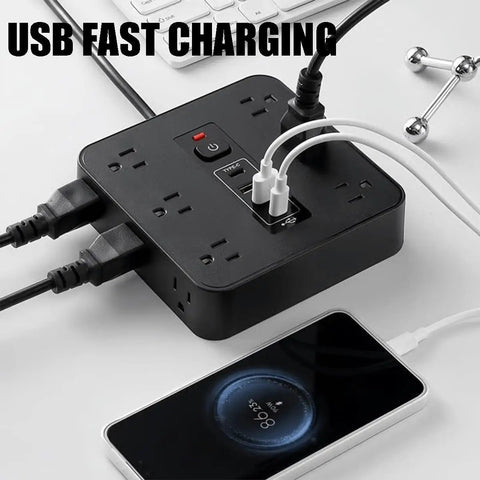 16 In 1 Smart Power Strip Surge Protector With 12 AC Outlets And Dual USB C Ports, charging mobile devices with clean desk setup.