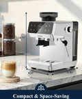Twenty Bar Bean To Cup Espresso Machine With Built In Conical Burr Grinder Delivering Forty Four Precision Grind Settings And A Clever Touchscreen Interface For Game Changing Daily Latte Creations At Home on a countertop with a latte.