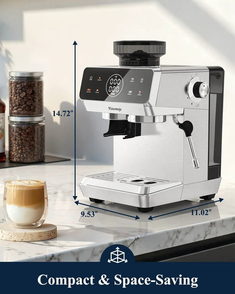 Twenty Bar Bean To Cup Espresso Machine With Built In Conical Burr Grinder Delivering Forty Four Precision Grind Settings And A Clever Touchscreen Interface For Game Changing Daily Latte Creations At Home on a countertop with a latte.