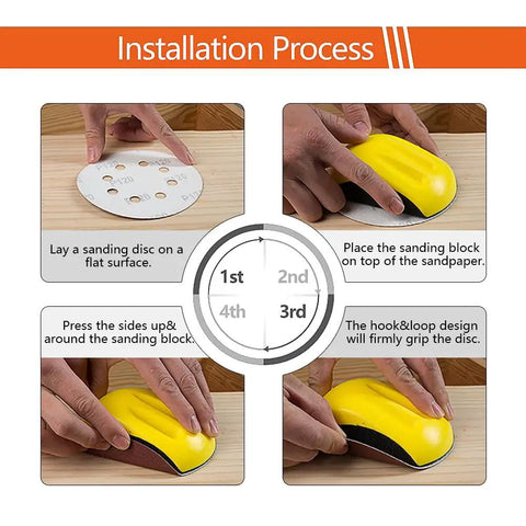 Step-by-step installation process of Five Pack Sanding Blocks Set With Round And Mouse Shapes, Hook And Loop Sanding Block Kit