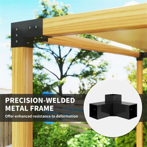 Heavy Duty Steel Shed Brackets Built Tough With Rust Resistant Coating Fits Standard Four By Four Posts And Comes With Expansion Screws For No Sweat Backyard Shed Assembly Every Time close-up of precision-welded metal frame on wooden shed.