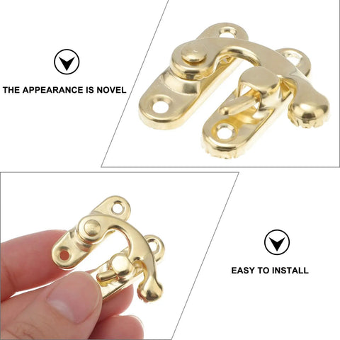 Gold Retro Mini Metal Hasp Decor DIY Kit for wood boxes and suitcases, swing toggle lock hardware, shown in hand close-up
