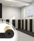 No Hassle Door Noise Blocker And Soundproof Foam, rolled foam buffer in a modern room with black and white walls.