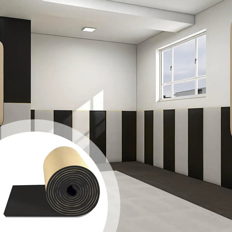 No Hassle Door Noise Blocker And Soundproof Foam, rolled foam buffer in a modern room with black and white walls.