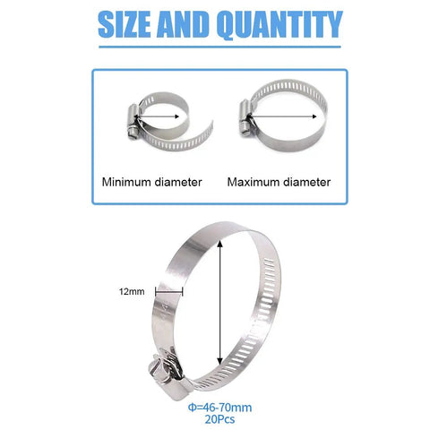 Size and quantity diagram of Twenty Pack 304 Stainless Steel Adjustable Hose Clamps 46 to 70 MM Range Worm Gear Clamp Kit