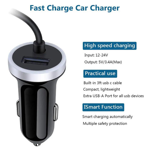 Hella Fast USB C Car Charger For Samsung Galaxy S Series Models And Newer A Lineup Devices Features Dead Serious Charging Speeds, compact design with integrated USB C cable.