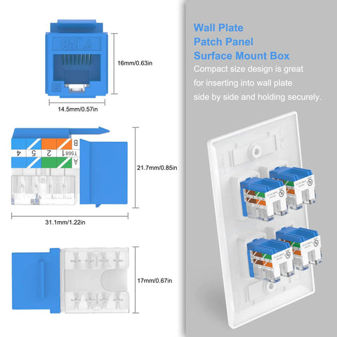 10Gbps Cat6 Keystone Jack Inserts 25 Pack 90 Degree Punch Down RJ45 Adapter in blue for patch panels and wall plates