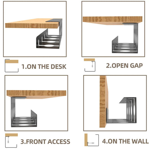 Two Pack 15.75 Inch Metal Under Desk Cable Management Tray installation options on desk, open gap, front access, and wall mount.