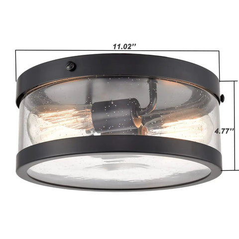 Black Drum Flush Mount Ceiling Light Fixture With Seeded Glass Creates Rustic Farmhouse Vibe For Porch Hallway And Bedroom Perfect For Any Space With Warm Glow And Industrial Charm