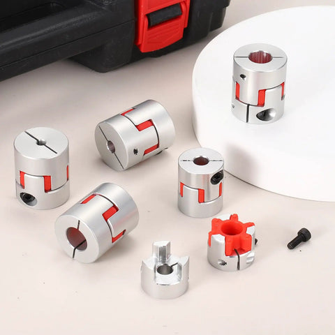 Aluminum Plum Flexible Shaft Coupling 5mm To 6mm For 3D Printer And CNC Machines 30mm Diameter By 35mm Length Motor Connector With Hex Wrench Solid Pick For Servo And Stepper Motors shown with screws