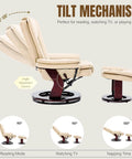 Swivel Recliner With Ottoman And Wood Base In PU Leather showing 90 to 135 degree recline and 360 degree swivel features