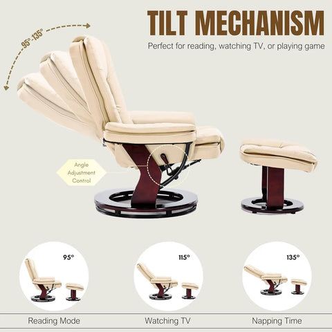 Swivel Recliner With Ottoman And Wood Base In PU Leather showing 90 to 135 degree recline and 360 degree swivel features
