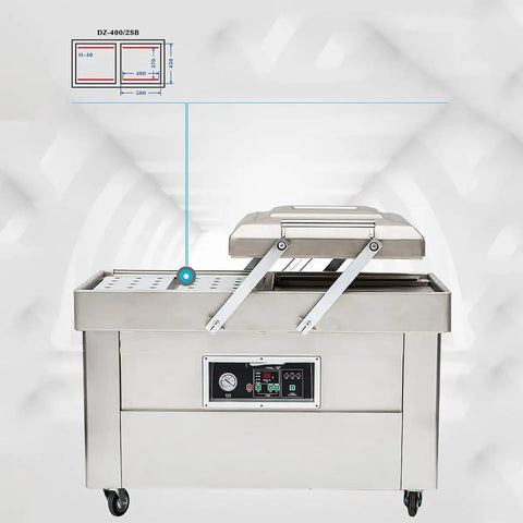 Heavy Duty Double Chamber Vacuum Sealer with stainless steel finish, designed for sealing meat, seafood, and veggies.