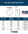 Hex Bore Solid Shaft Collar For 1 1/8 Inch Bore, 2 Inch Outside Diameter, 5/8 Inch Wide, 5/16 By 18 Setscrew, Mild Steel Construction, Precision Machined, Usa Made, Perfect For Securing Shafts In Machinery And Diy Projects., dimension chart