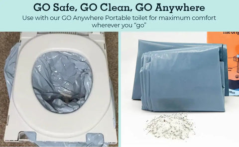Go Anywhere Portable Toilet Kit For Camping And Travel With NASA Gelling Powder Gel Waste Bag System includes sealed bag with gelling powder
