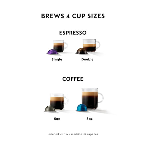Vertuo Plus Deluxe Coffee And Espresso Maker By De'Longhi brew sizes for single, double espresso, and 5oz, 8oz coffee with capsules.