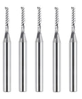 O Flute Spiral Upcut Router Bit Set Five Pieces, 1/4 Inch Shank With 1/8 Inch Cutting Diameter, lined up in a row.