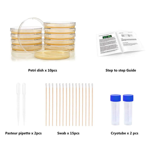 Science Kit For Kids With Ready To Use Bacteria Petri Dishes LB Agar And Cotton Swabs, kit contents including petri dishes and guide.