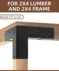Heavy Duty Steel Corner Support Brackets For Work Bench And Diy Shelving Right Angle L Brackets With Black Powder Finish on 2x4 lumber.