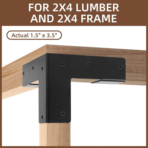 Heavy Duty Steel Corner Support Brackets For Work Bench And Diy Shelving Right Angle L Brackets With Black Powder Finish on 2x4 lumber.