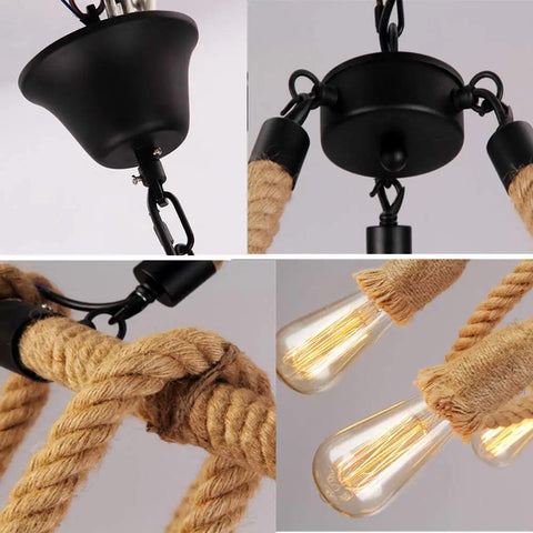 Hemp Rope Six Light Hanging Pendant Ceiling Light Fixture, Dope Industrial Vintage Rustic Chandelier with E26 E27 Base details
