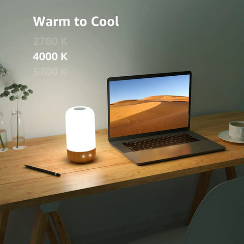 Wood Grain LED Table Lamp With Touch Dimmer For Bedside Auto Off Timer 350 Lm Soft Warm White Or Daylight Cool White Dope RGB Mood Lighting