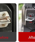 Before and after Tough Stainless Steel Door Lock Decoration Cover Set for Jeep Wrangler JL JLU 2018-2025, showing lock protector installation.